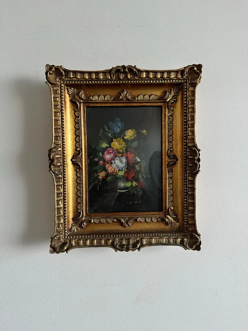 Peinture sur cuivre signée bouquet de fleurs bleues et jaunes