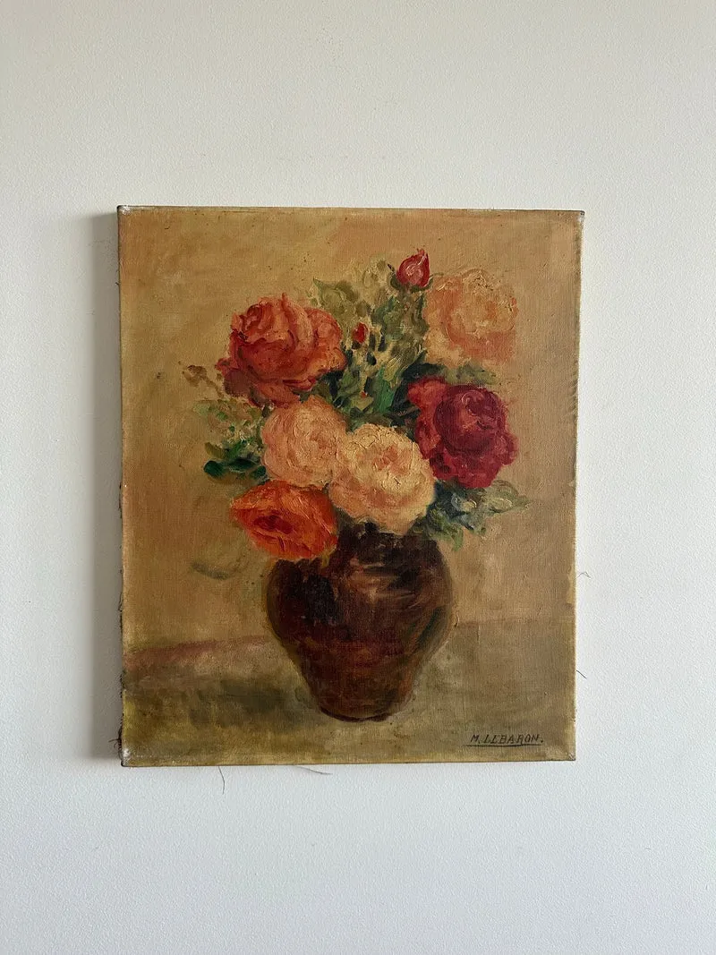 Peinture bouquet de fleurs sur toile signée M. Lebaron