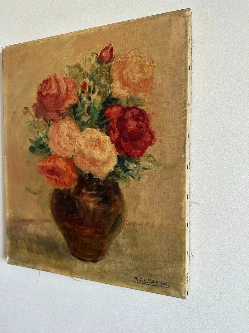 Peinture bouquet de fleurs sur toile signée M. Lebaron