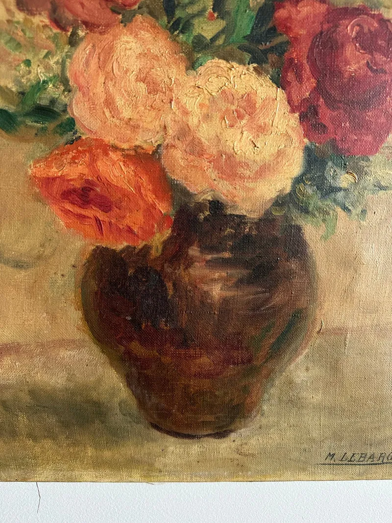Peinture bouquet de fleurs sur toile signée M. Lebaron