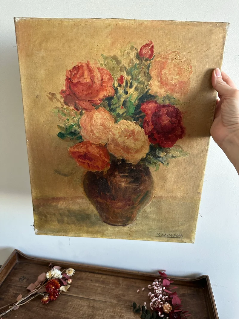 Peinture bouquet de fleurs sur toile signée M. Lebaron