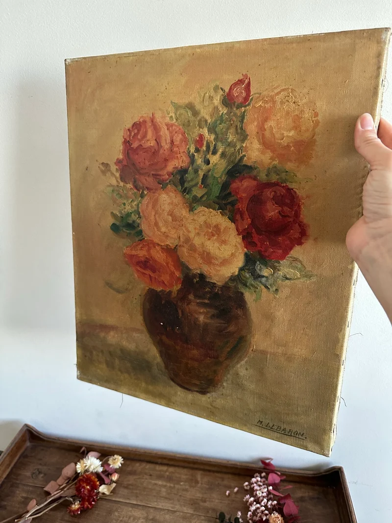 Peinture bouquet de fleurs sur toile signée M. Lebaron