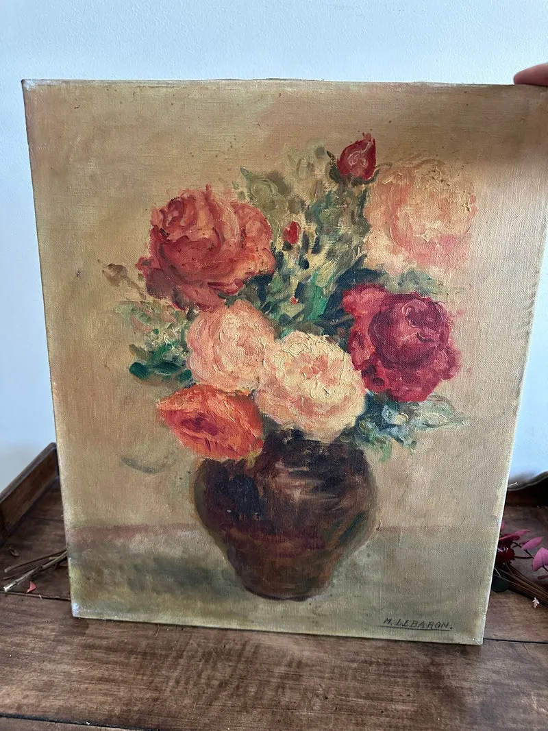 Peinture bouquet de fleurs sur toile signée M. Lebaron