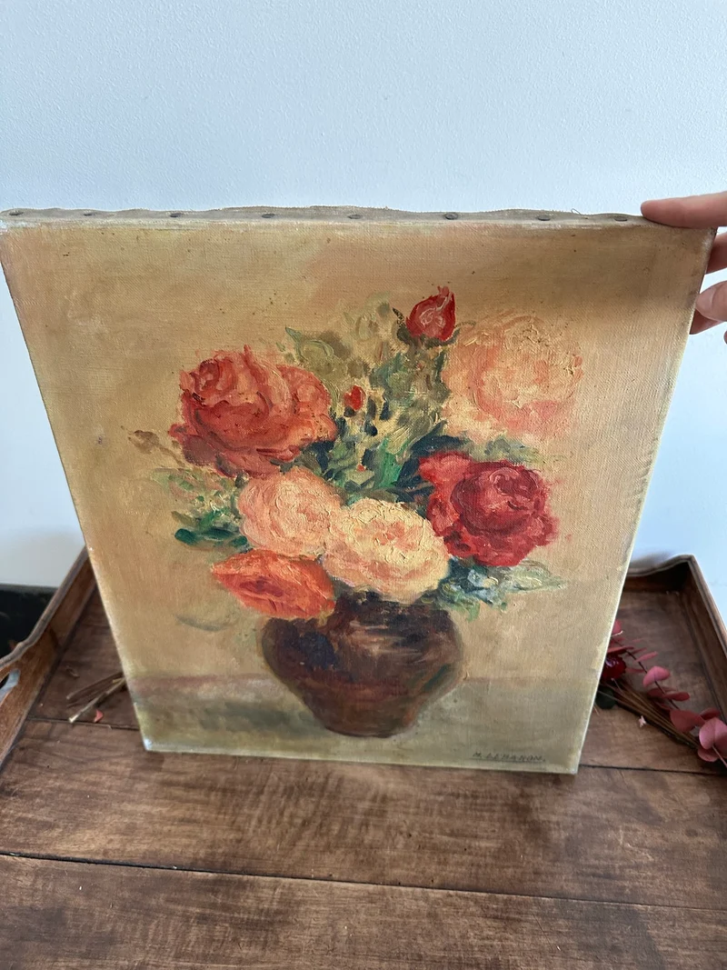 Peinture bouquet de fleurs sur toile signée M. Lebaron