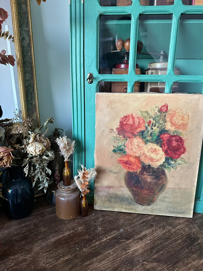 Peinture bouquet de fleurs sur toile signée M. Lebaron