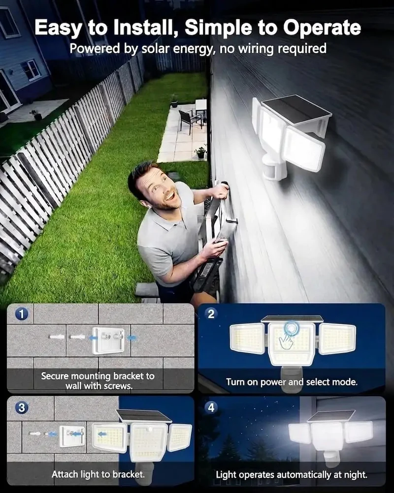 Tough As Nails 6000 Lumen Solar Flood Lights With Motion Sensor Four Swivel Heads Three Slick Modes IP65 Weatherproof Outdoor Security Illumination For Yard Garage And Driveway Plug And Play Setup Zero Wiring Hassle