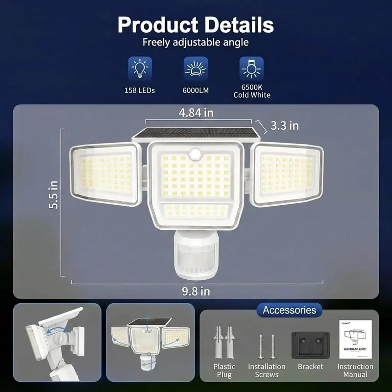 Tough As Nails 6000 Lumen Solar Flood Lights With Motion Sensor Four Swivel Heads Three Slick Modes IP65 Weatherproof Outdoor Security Illumination For Yard Garage And Driveway Plug And Play Setup Zero Wiring Hassle