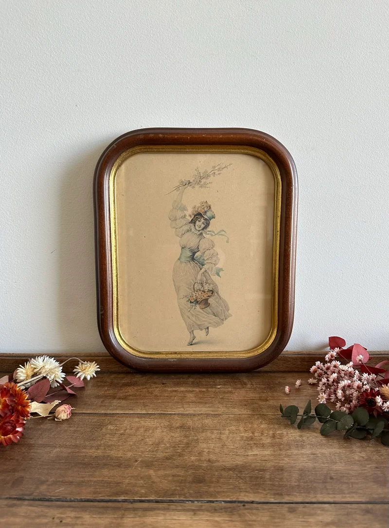 Gravure jeune fille aux fleurs cadre aux bord arrondis