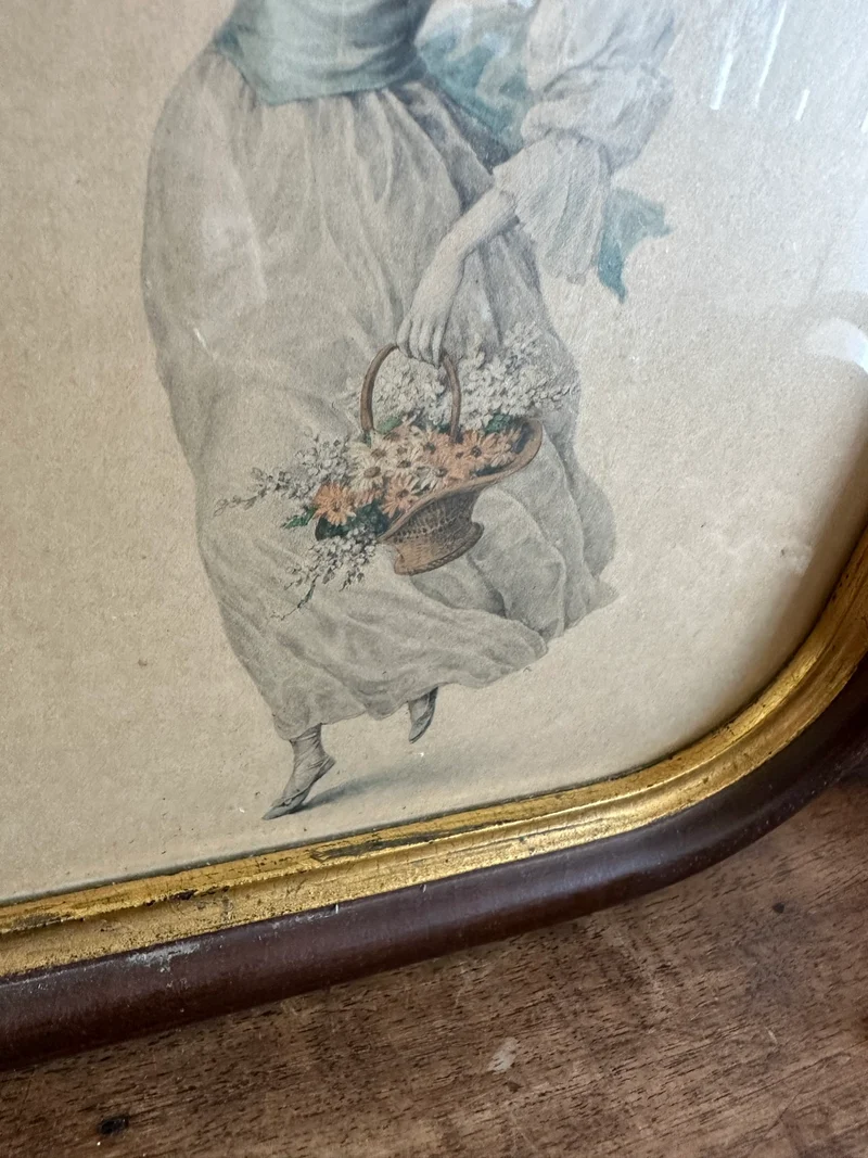 Gravure jeune fille aux fleurs cadre aux bord arrondis