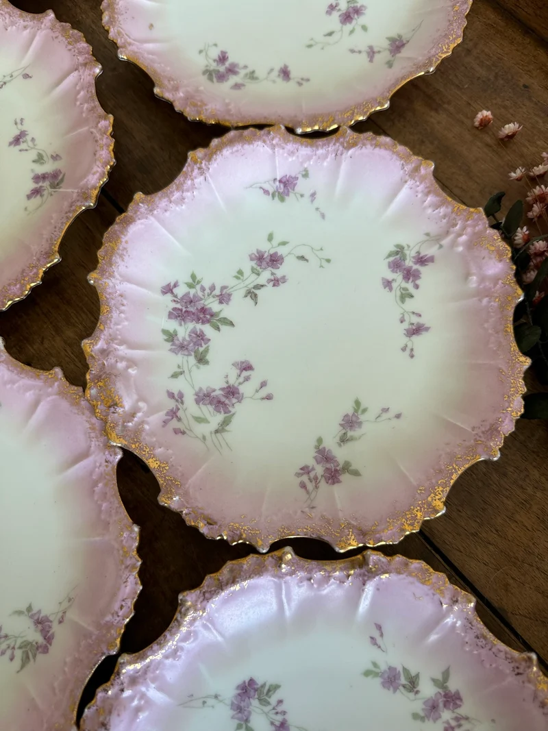 Assiettes en porcelaine de Limoges bordures dentelées dorées