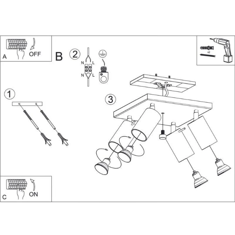 Plafonnier Spot Carré Noir Orientable pour 4 Ampoules GU10
