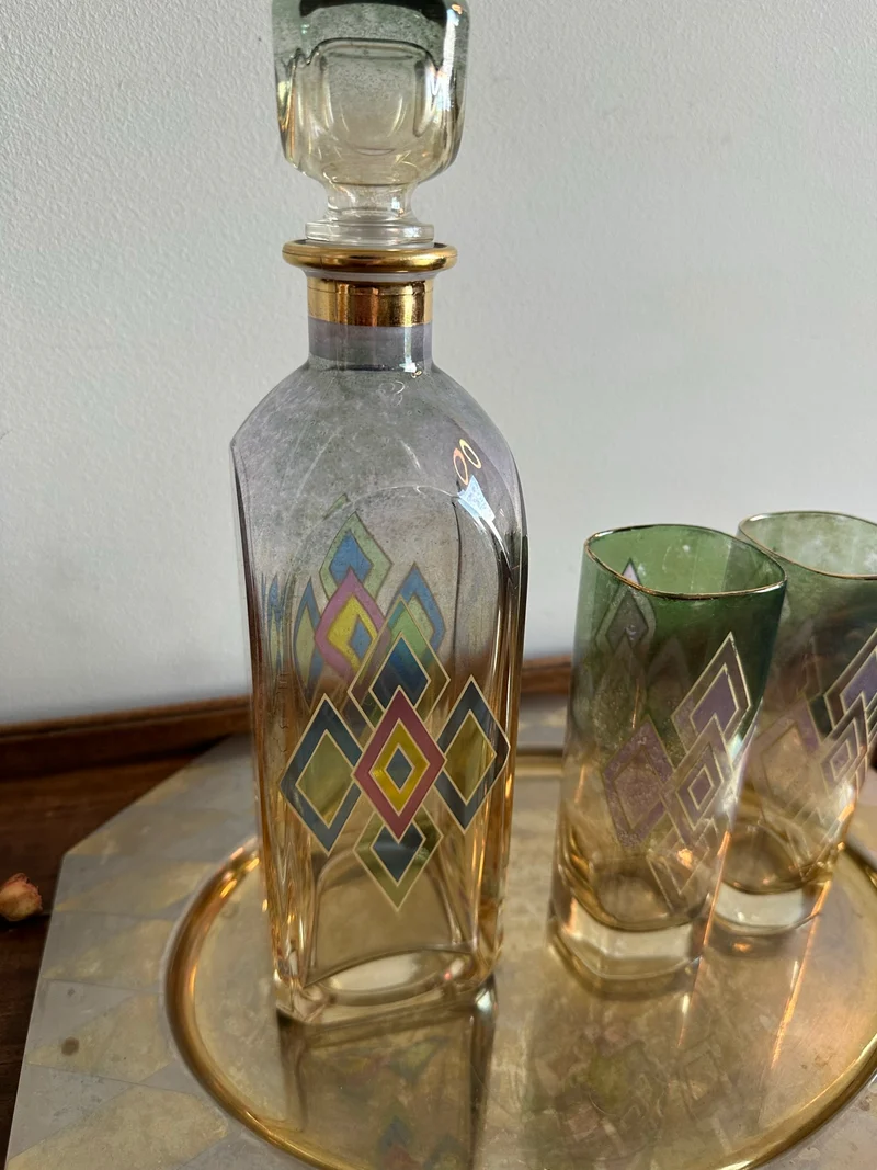 Set carafe verres et plateau motifs losanges années 60