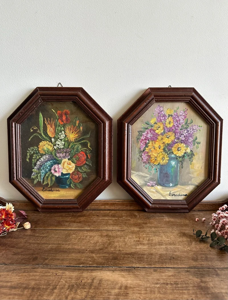 Peintures florales cadre en bois hexagonal