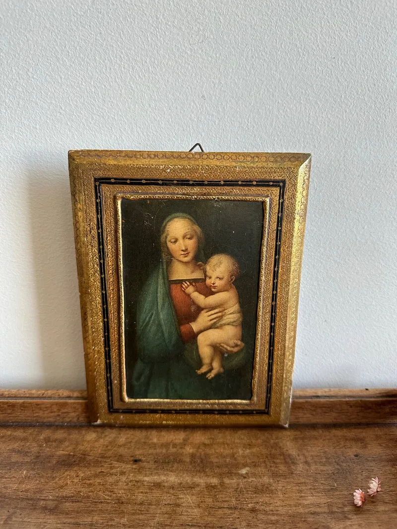 Icône religieuse de la vierge et l'enfant encadrement doré