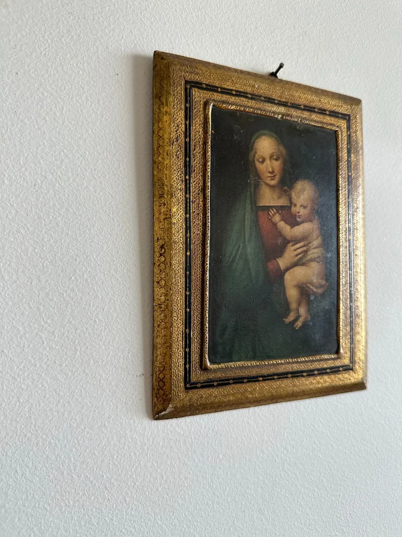 Icône religieuse de la vierge et l'enfant encadrement doré