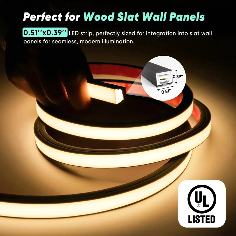 16.4 Ft Black Flexible Strip Light For Wood Slat Wall Panels Hardwired 3000K Warm White Cuttable Neon Rope Lighting IP67 Waterproof Level Up Your Glow With Durable DIY Fixtures And Fresh Modern Decor Vibes