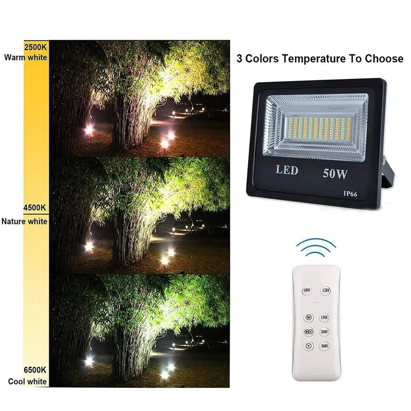 Top Shelf Outdoor Solar Flood Lights With Remote Control 50W 6000 Lumen LED Hella Bright Heavy Duty Weatherproof IP66 3 Switchable Color Tones And Dusk To Dawn Sensor