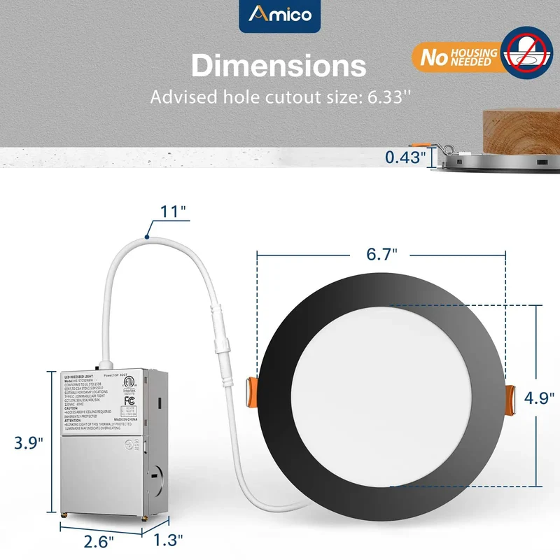 Forty Eight Pack Six Inch Led Recessed Lighting Canless Wafer Downlight Slick Five Color Temperature Switch Smooth Black Trim Total Breeze Install Straight Up Ceiling Light