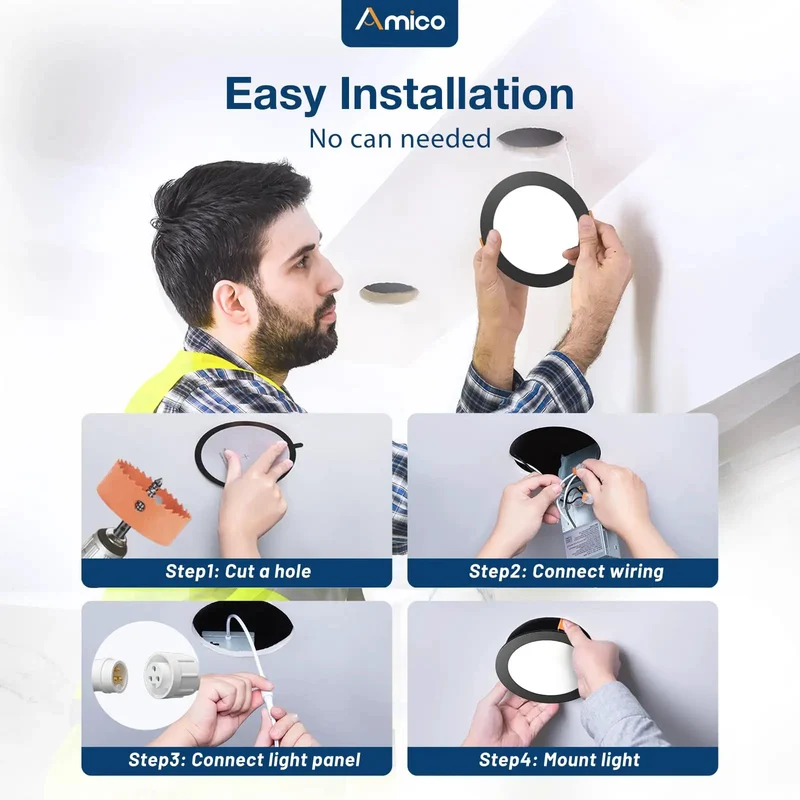 Forty Eight Pack Six Inch Led Recessed Lighting Canless Wafer Downlight Slick Five Color Temperature Switch Smooth Black Trim Total Breeze Install Straight Up Ceiling Light