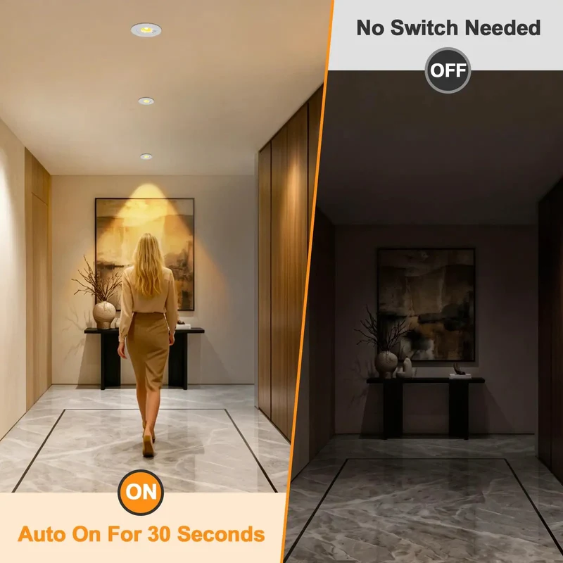 Super Straight Install Smart Motion Activated Recessed Downlights 3 Inch 3000K Warm White LED Ceiling Spots For Tight Hallways Pantries Auto Shutoff 2 Pack
