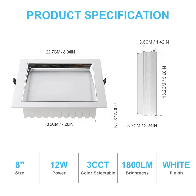 8 Inch Square Led Recessed Ceiling Light Fixture, 3Cct Adjustable Dimmable Downlight, Hassle Free Tool Free Setup For Drywall Walls, Integrated Junction Box, 2Pack White Trim To Brighten Up Your Living Space