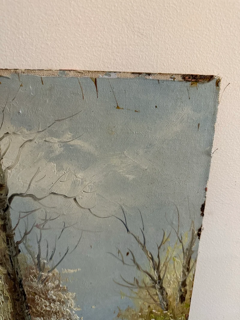 Peinture sur bois signée - balade dans la forêt