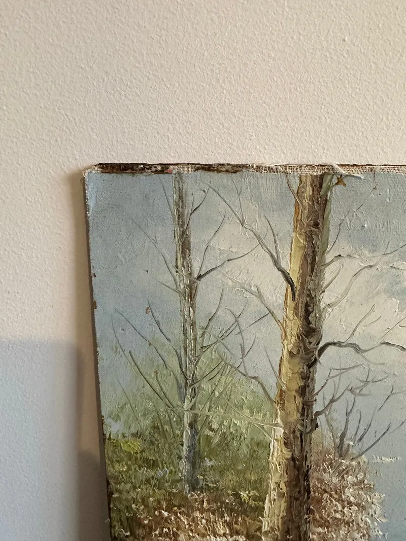 Peinture sur bois signée - balade dans la forêt