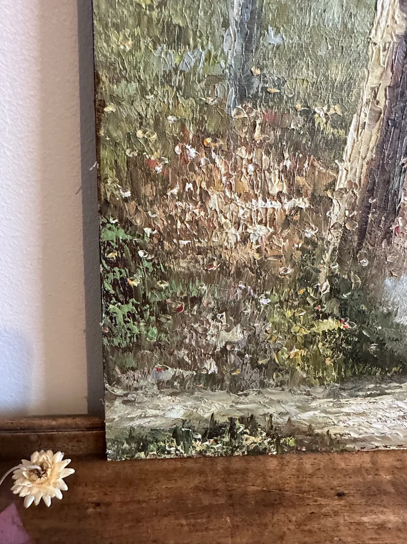 Peinture sur bois signée - balade dans la forêt