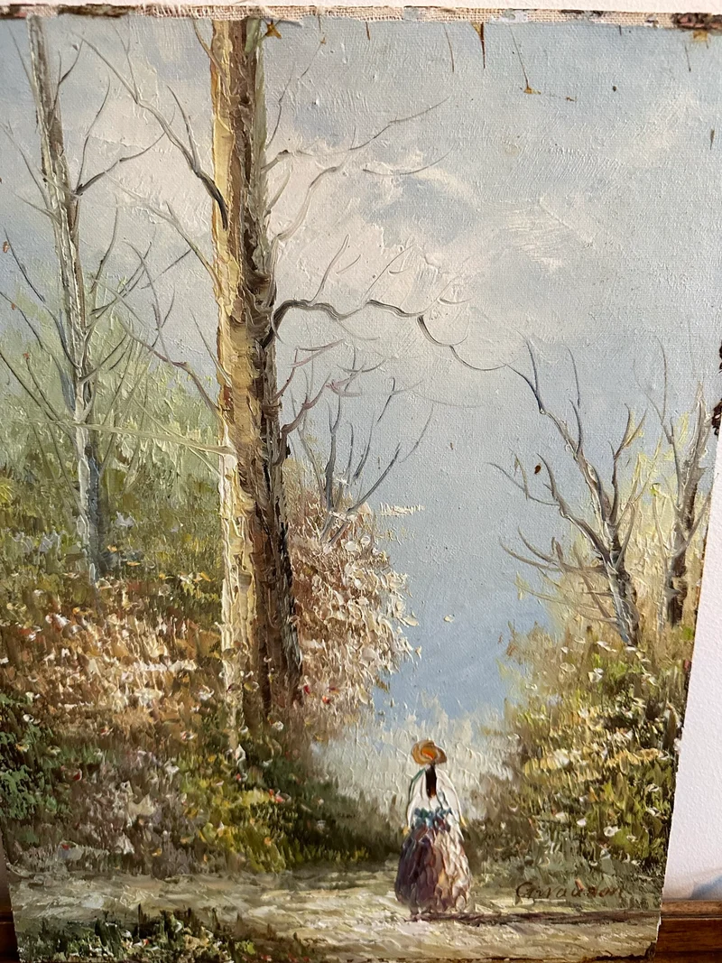 Peinture sur bois signée - balade dans la forêt