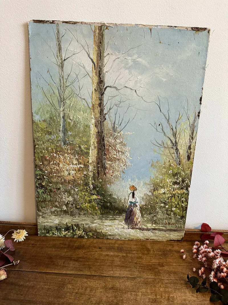 Peinture sur bois signée - balade dans la forêt