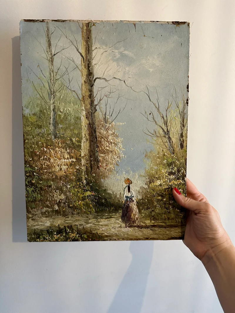 Peinture sur bois signée - balade dans la forêt