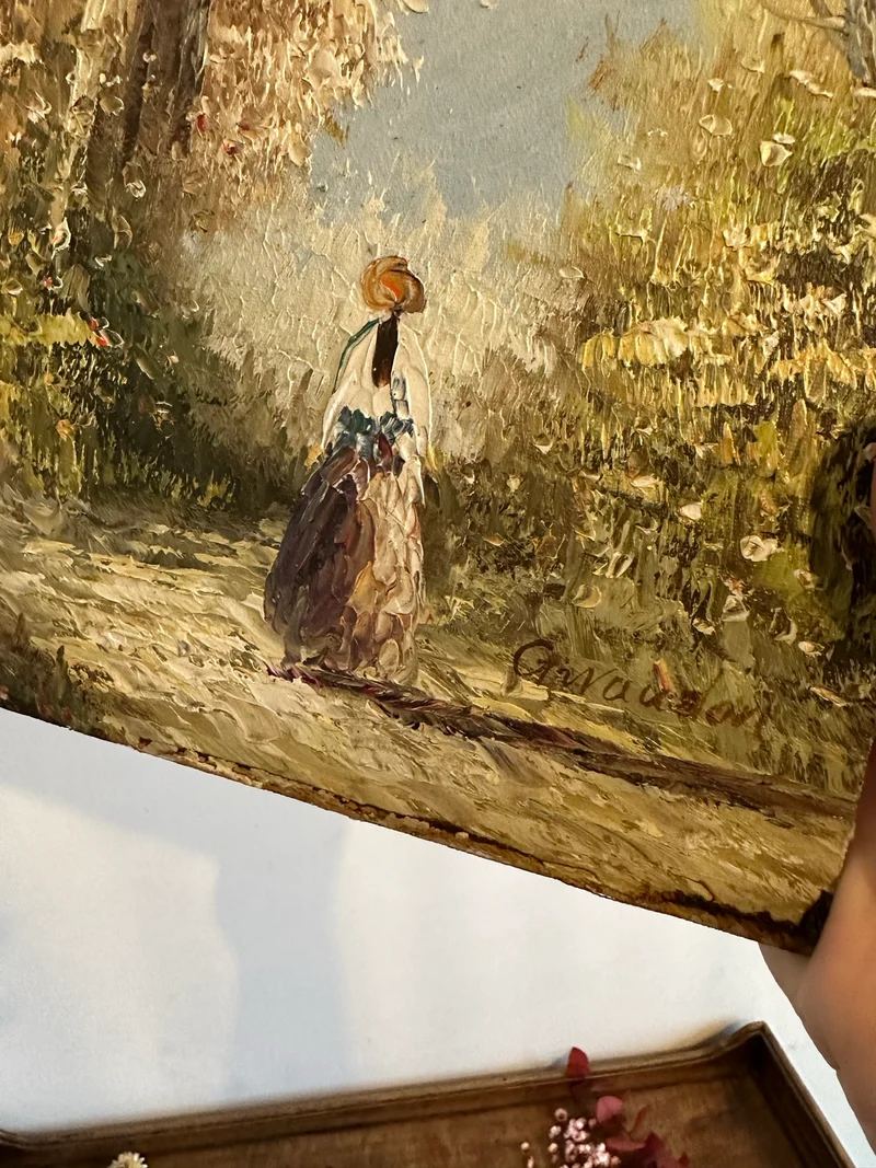 Peinture sur bois signée - balade dans la forêt