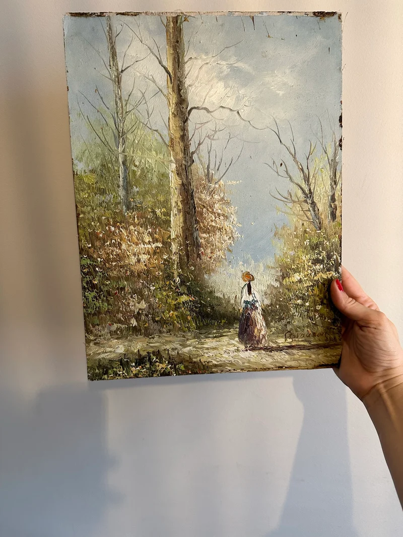 Peinture sur bois signée - balade dans la forêt