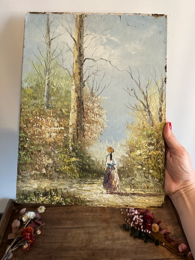 Peinture sur bois signée - balade dans la forêt