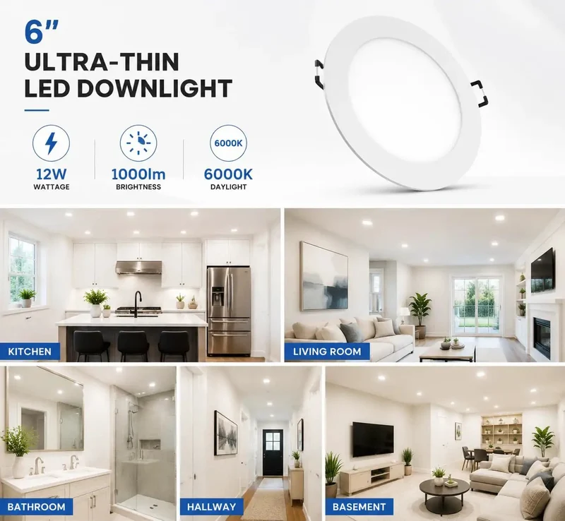 12 Pack Six Inch Led Recessed Ceiling Lights With Crisp 6000K White Glow And Slim Canless Wafer Design For Super Easy Quick Snap Installment In Any Dapper Modern Home Or Office Space