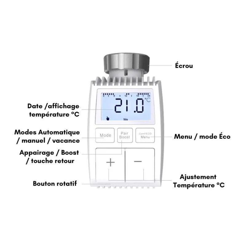 Tête Thermostatique Connectée ZigBee Universelle avec Ecran LCD