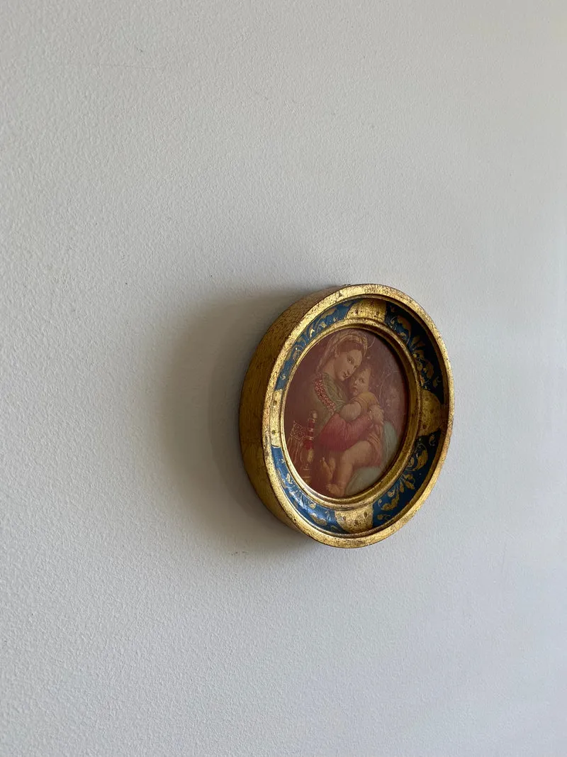 Représentation de la vierge à la chaise cadre florentin or et bleu