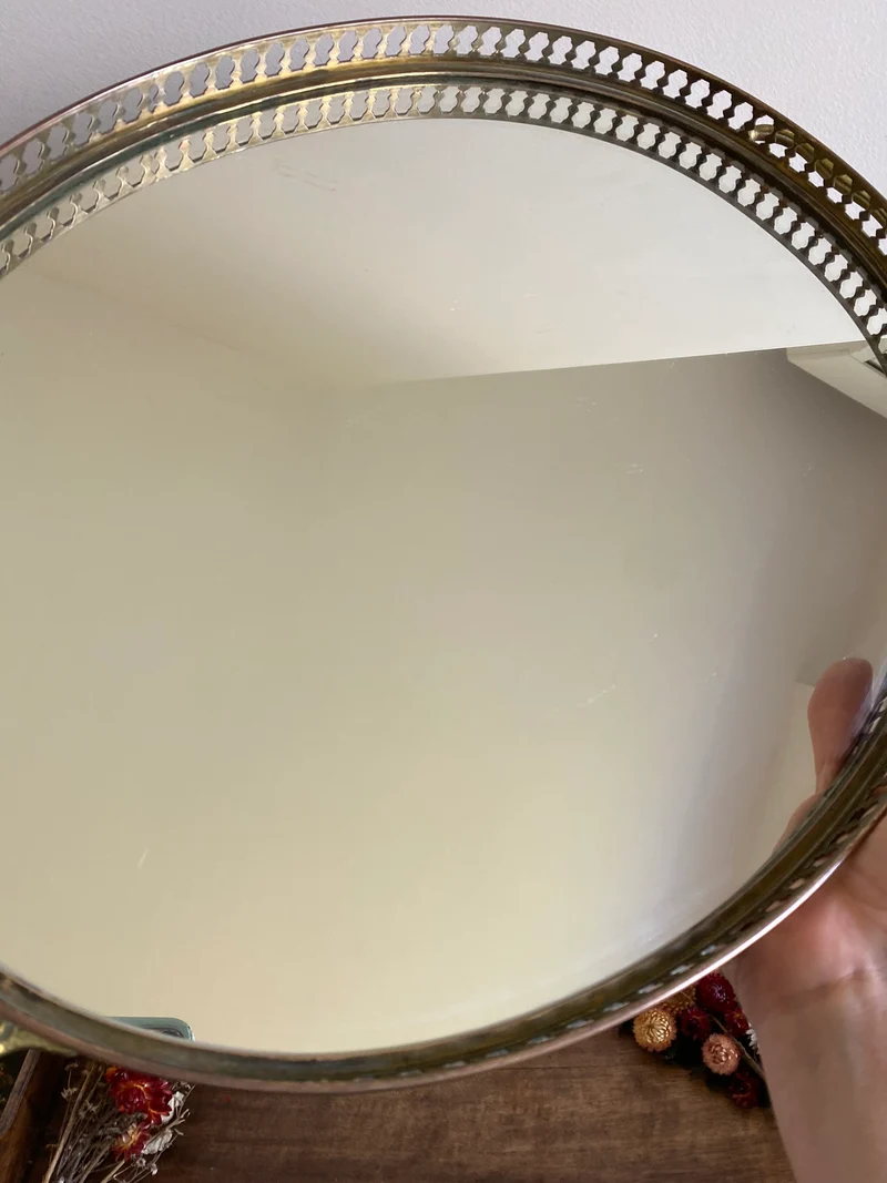 Plateau de service miroir ovale en laiton années 1920