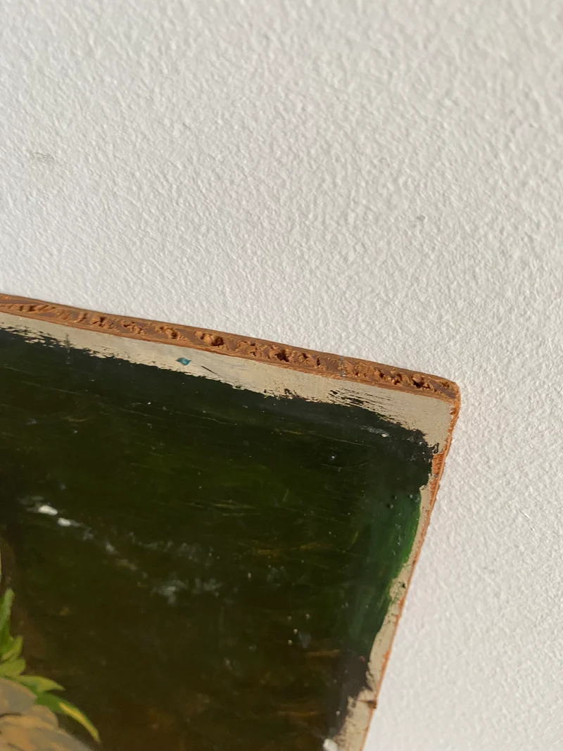 Peinture sur planche représentant un bouquet de fleurs dans son vase