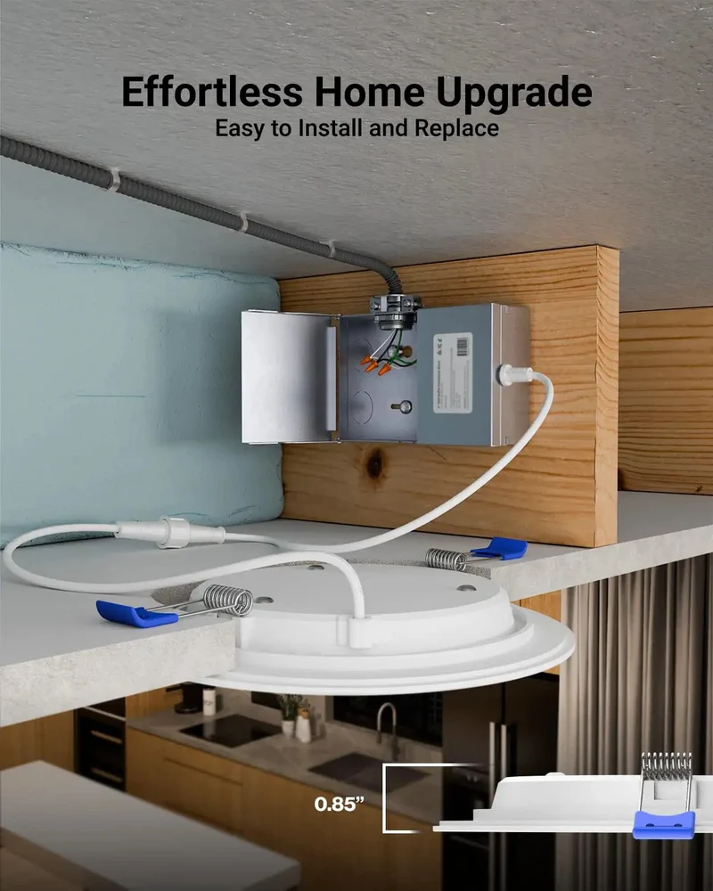 Slick 6 Inch Canless Recessed Lighting Kit With Built Junction Box, Slim Led Ceiling Lamps Emit Bright 4000K Cool White Glow, Fully Dimmable And Ic Rated For Plug And Play Install, Quick Refresh For Modern Rooms And Home Renovations