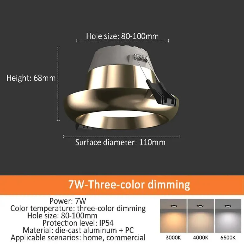 Top Shelf 4.3 Inch Round LED Recessed Downlights With A Sleek Black And Gold Wall Wash Trim, Seven Watt Dimmable Anti Glare Ceiling Lights, Tri Color Temperatures CRI 90 Plus Aluminum Housing No Sweat Easy Install Pack Of Seven