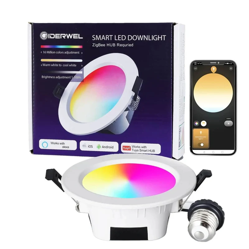 ZigBee 3.0 Smart Recessed Lights 5 Inch RGBWW LED Downlight Retro Fit Flush Mount No Fuss Install Direct Alexa Voice Control Hub Free Slick Design Dimmable Color Changing One Pack