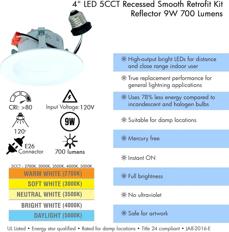 Hassle Free Swap 4 Inch Recessed Dimmable Led Can Light With Switchable 5Cct For Home Ceilings, 9W Delivers 750 Killer Lumens, Smooth Acrylic Dome, Standard E26 Base, Sweet 6 Pack Bundle