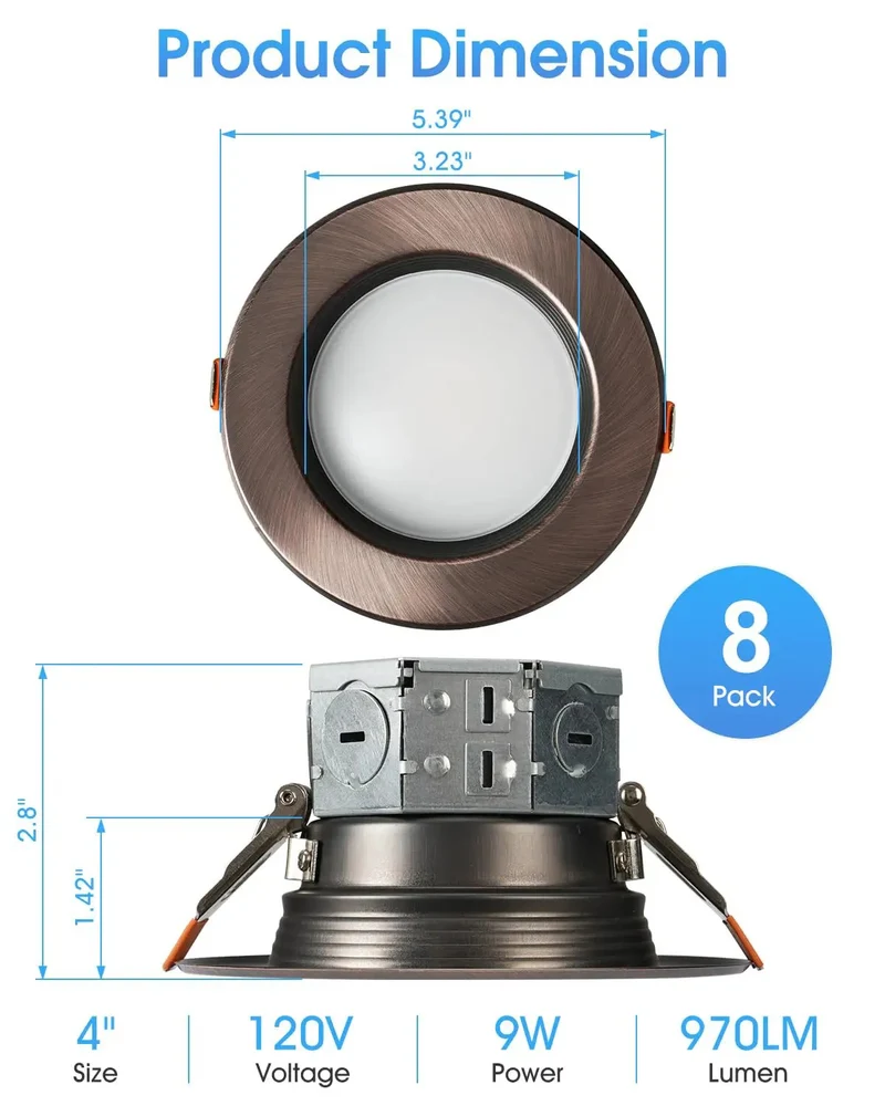 Oil Rubbed Bronze 4 Inch LED Recessed Lights 8 Pack Smooth Deep Anti Glare Baffles Adjustable 5CCT Warm To Cool White Retrofit Drop In Can Ceiling Fixtures Solid Aluminum Housing Straight Up Easy Install Top Shelf Quality For Home