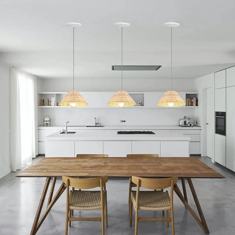 Quick Swap Recessed To Pendant Conversion Kit With A Secure E26 Base And Two Glass Lampshades Wrapped In Authentic Rattan Rope Setting A Next Level Farmhouse Vibe For Smooth Kitchen Island Upgrades