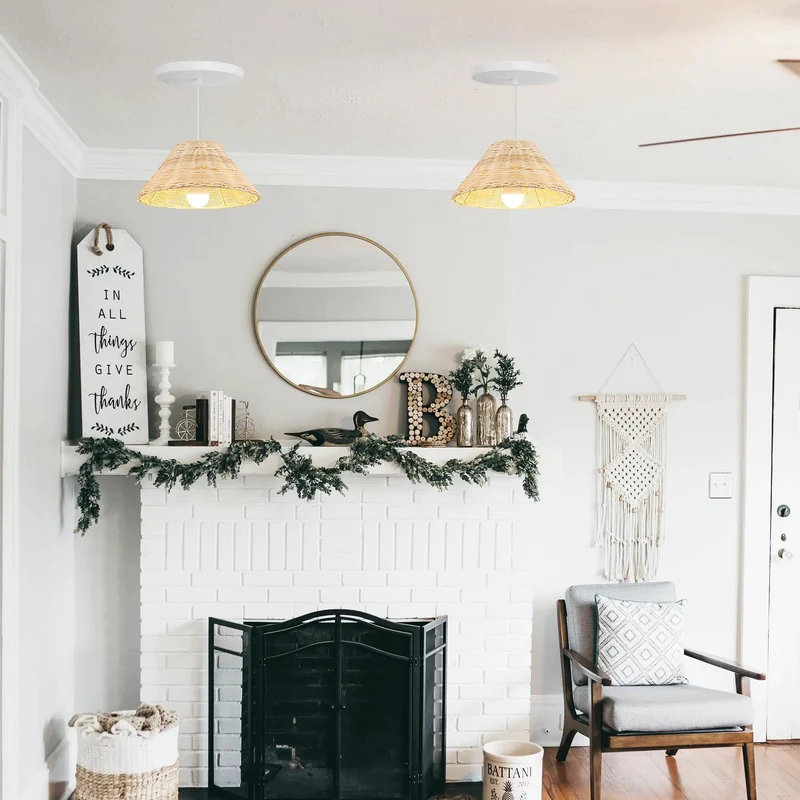 Quick Swap Recessed To Pendant Conversion Kit With A Secure E26 Base And Two Glass Lampshades Wrapped In Authentic Rattan Rope Setting A Next Level Farmhouse Vibe For Smooth Kitchen Island Upgrades