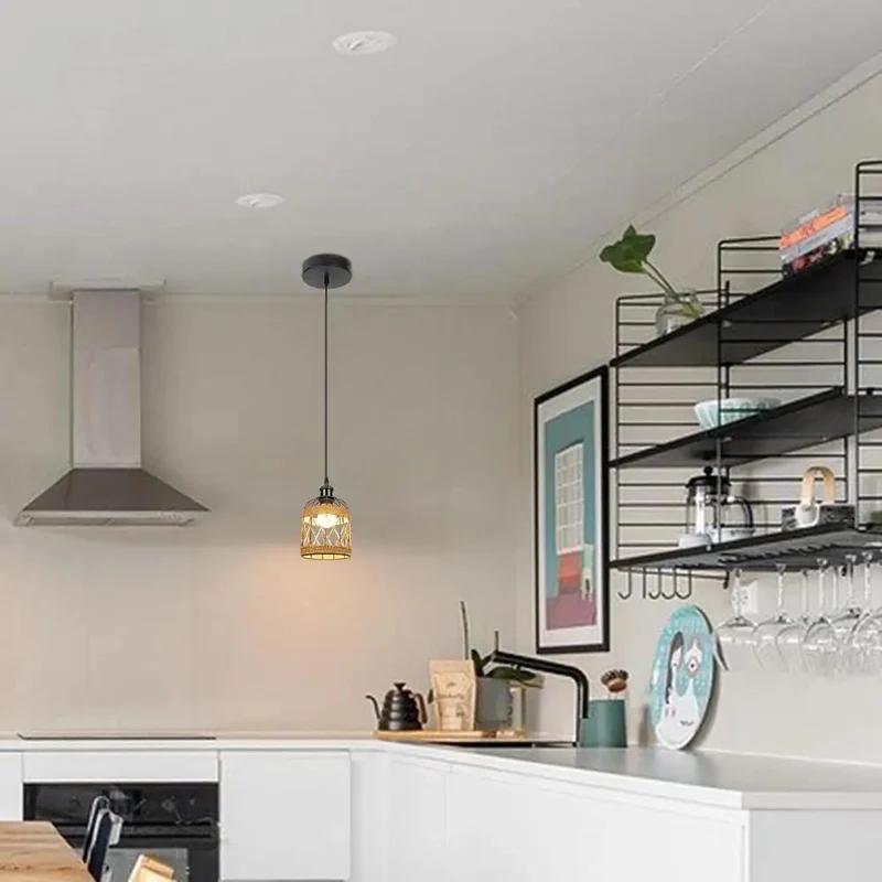 Recessed Light Conversion Kit Transforms 5 Inch Recessed Hole into Stunning Farmhouse Pendant Featuring Glass and Rattan Shade E26 Screw Socket Easy Peasy Install Creates Instant Cozy Vibes for Kitchen