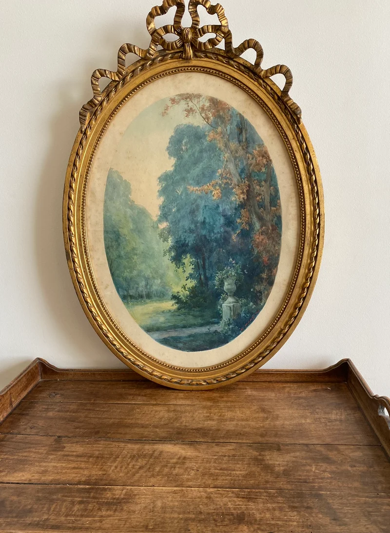 Aquarelle tons bleus dans grand cadre doré style Louis XVI