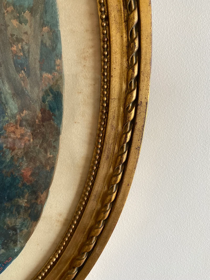 Aquarelle tons bleus dans grand cadre doré style Louis XVI