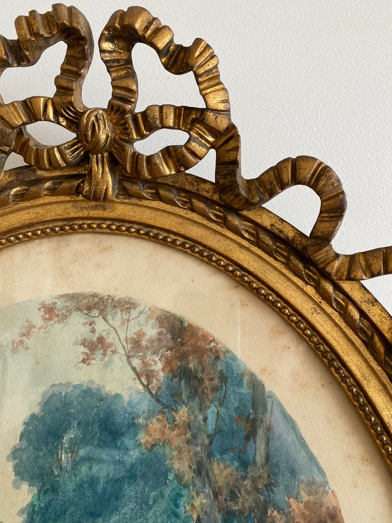 Aquarelle tons bleus dans grand cadre doré style Louis XVI